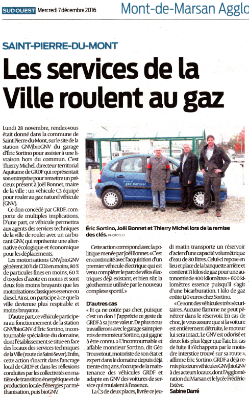 Article du Journal Sud Ouest : la station Gaz Naturel Véhicule GNV de Eric SORTINO Catalyse Gaz à Saint Pierre du Mont / Saint Sever / Mont de Marsan / Aquitaine
