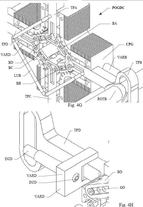 non rotay POGDC engine, with its pistons (VARD) to regulate the compression ratio, and carrying its the injector (INJD)