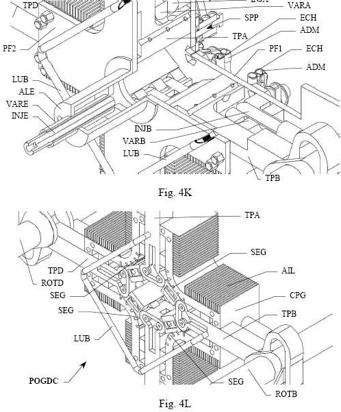 POGDC non rotatif, avec ses pistons (VARA,VARB,VARE) de réglage du taux de compression, portant leur injecteur (INJA,INB,INJE)