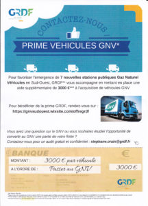 Prime de 3000 € offerte par GrdF pour l'acquisition de véhicules au gaz naturel (GNV/GNC)